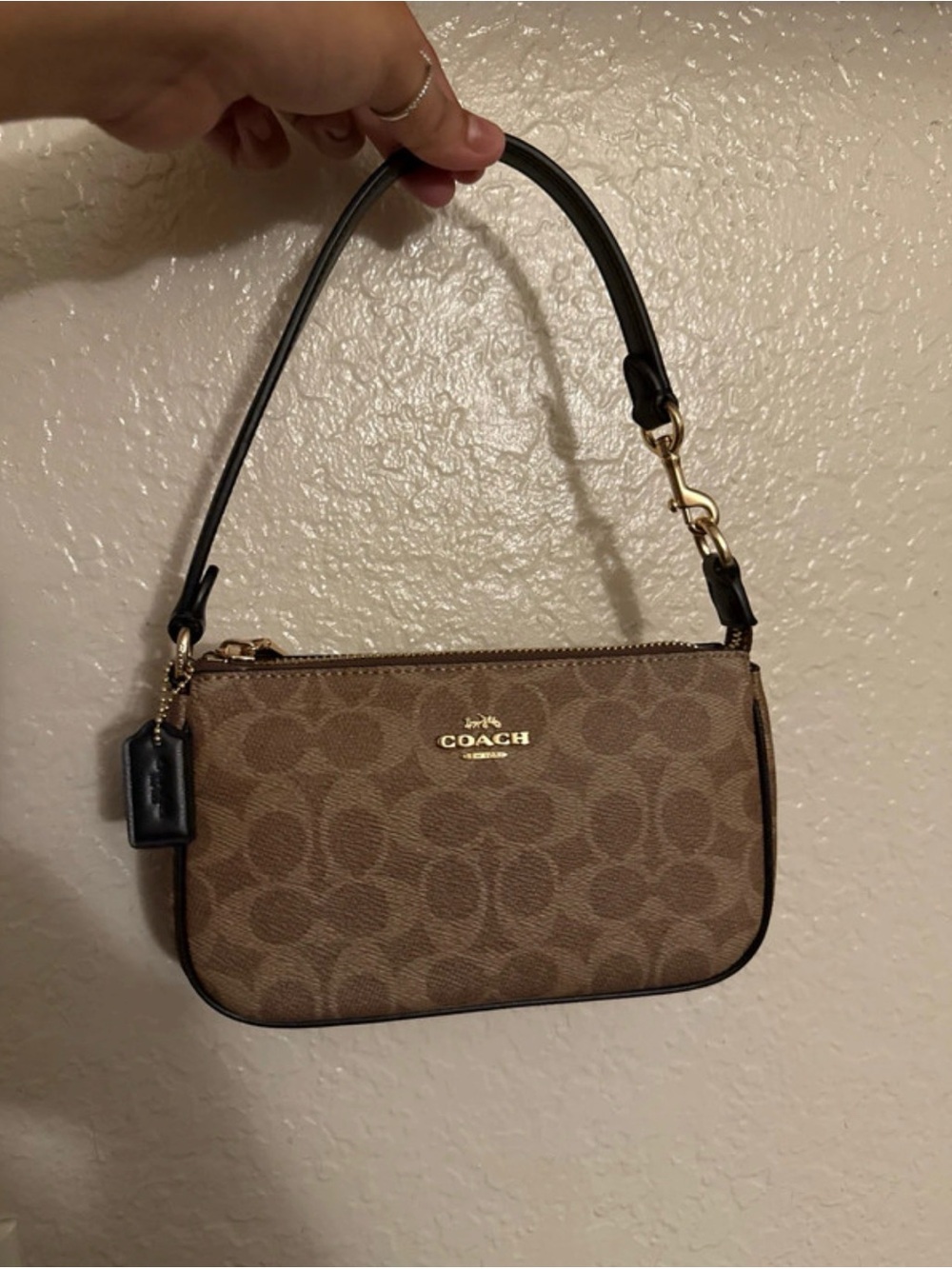 Coach Brown Signature Mini Shoulder Bag with Black Trim